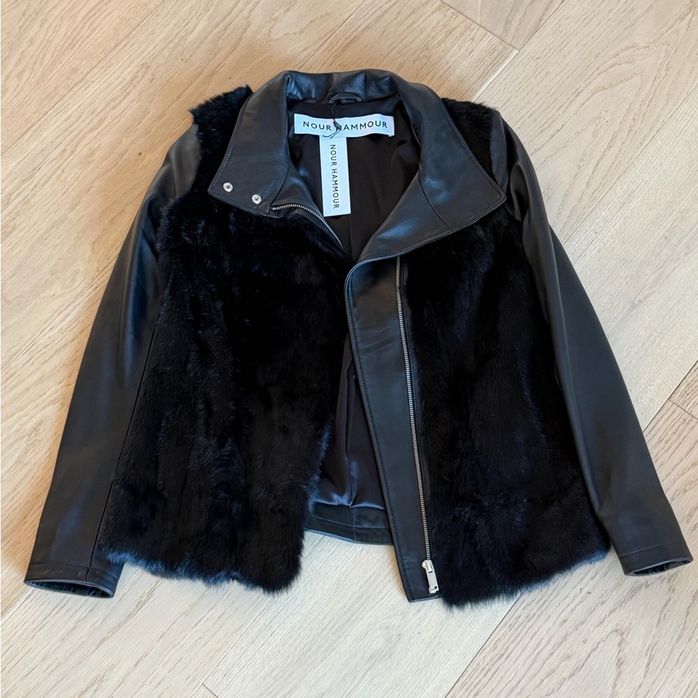 Nour Hammour black leather jacket with fur - brand new with tags